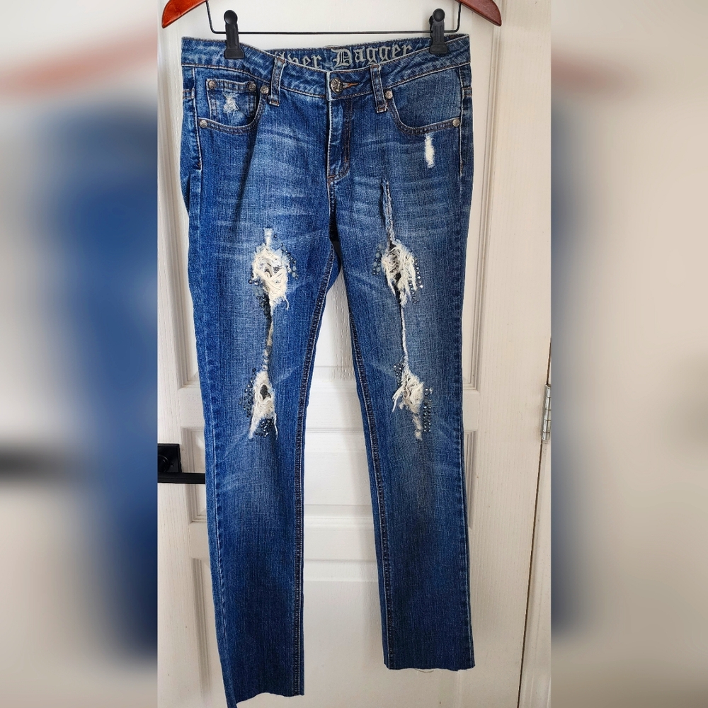 Blue Straight Leg Jeans with Distressed Details SILVER DAGGER